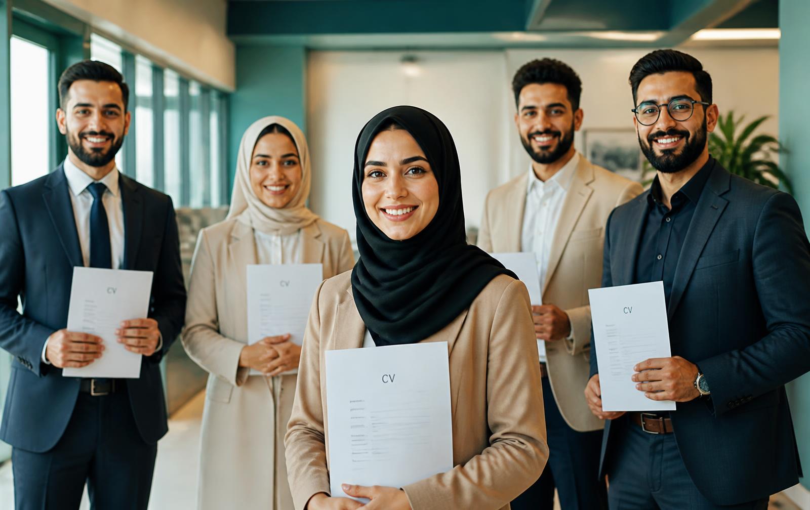 باحثون عن عمل يحملون سيرهم الذاتية في مكتب حديث